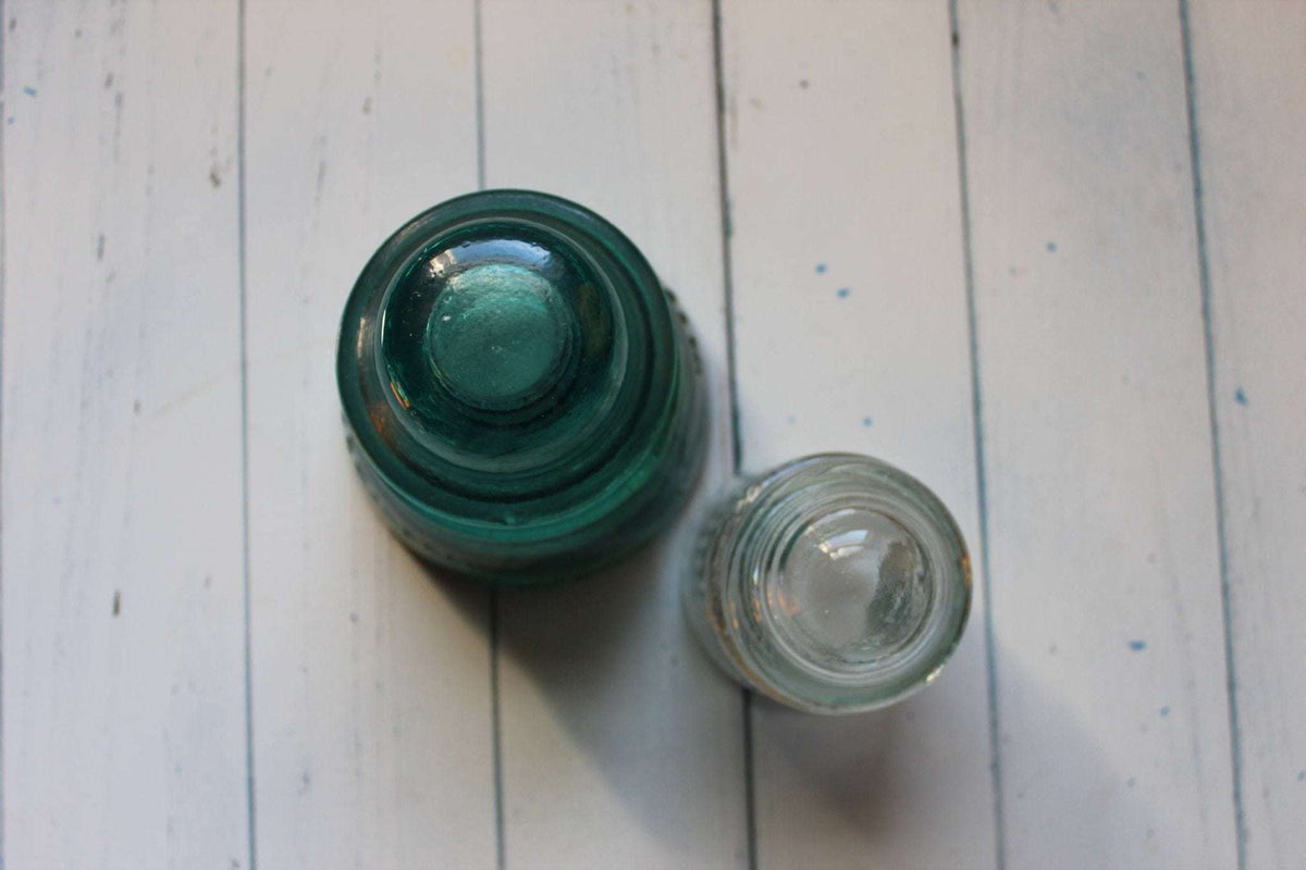 Hemingray No. 42 & No. 12 Glass Insulators, Pair — Green & Clear, c. 1920s - Loom Vintage