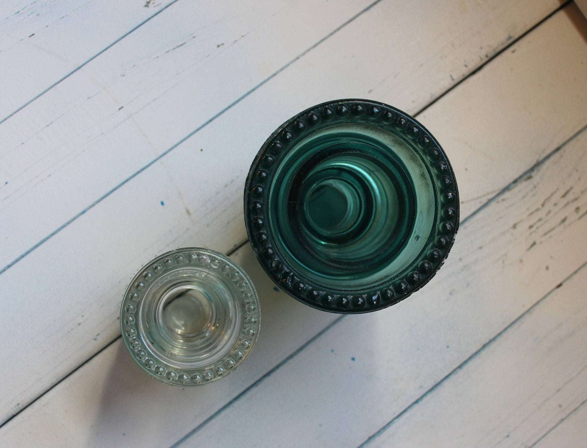 Hemingray No. 42 & No. 12 Glass Insulators, Pair — Green & Clear, c. 1920s - Loom Vintage