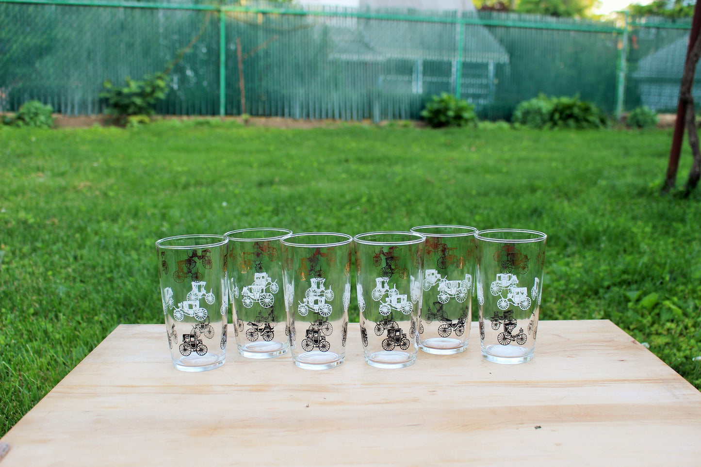 Large Hazel Atlas Gold Buggy Glasses - Juice Glasses - Gay Fad Carriage Cup - Mid Century Bar Ware - 1950s Gold Cocktail - Vintage Bar Ware