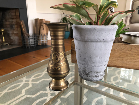 Vintage Designer Etched Brass Vase, Floral Brass Vase, Art