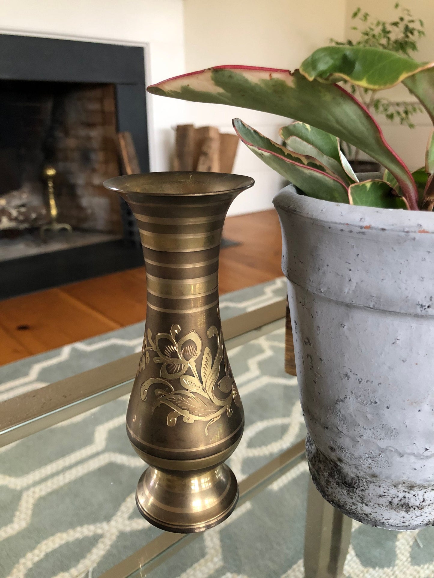 Vintage Designer Etched Brass Vase, Floral Brass Vase, Art