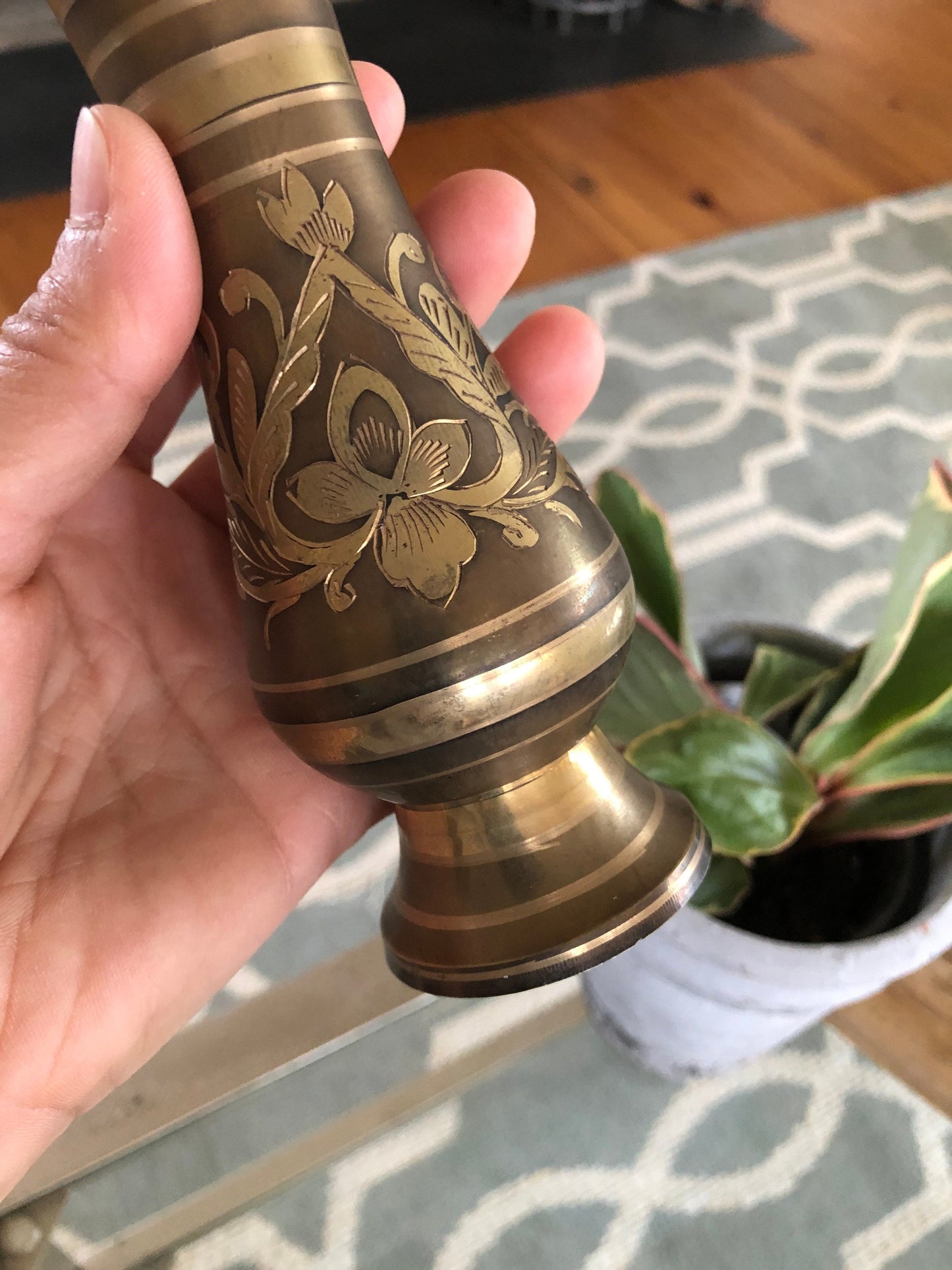 Vintage Designer Etched Brass Vase, Floral Brass Vase, Art