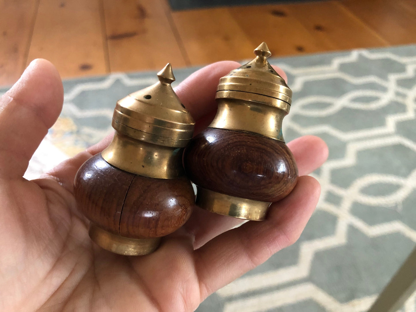 Vintage Brass & Rosewood Table Setting Pieces; Dessert, Soup, Espresso Spoon Set, Salt Pepper Shakers, Candle Sticks, Classic Flatware