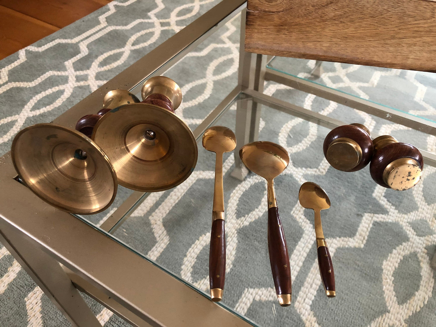 Vintage Brass & Rosewood Table Setting Pieces; Dessert, Soup, Espresso Spoon Set, Salt Pepper Shakers, Candle Sticks, Classic Flatware