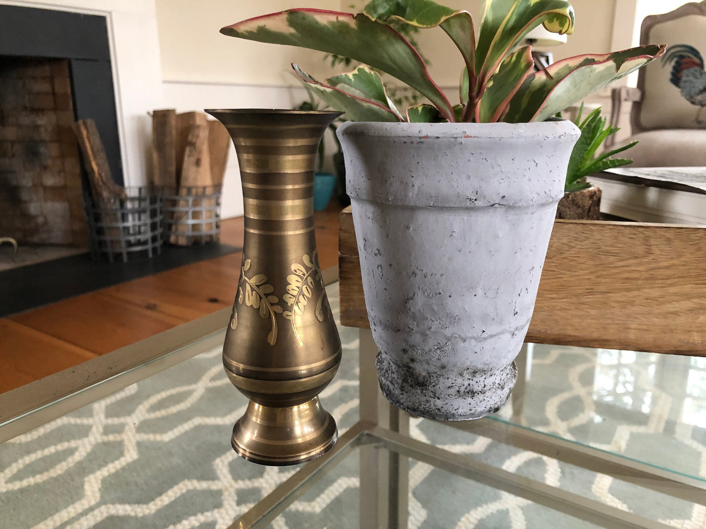 Vintage Designer Etched Brass Vase, Floral Brass Vase, Art