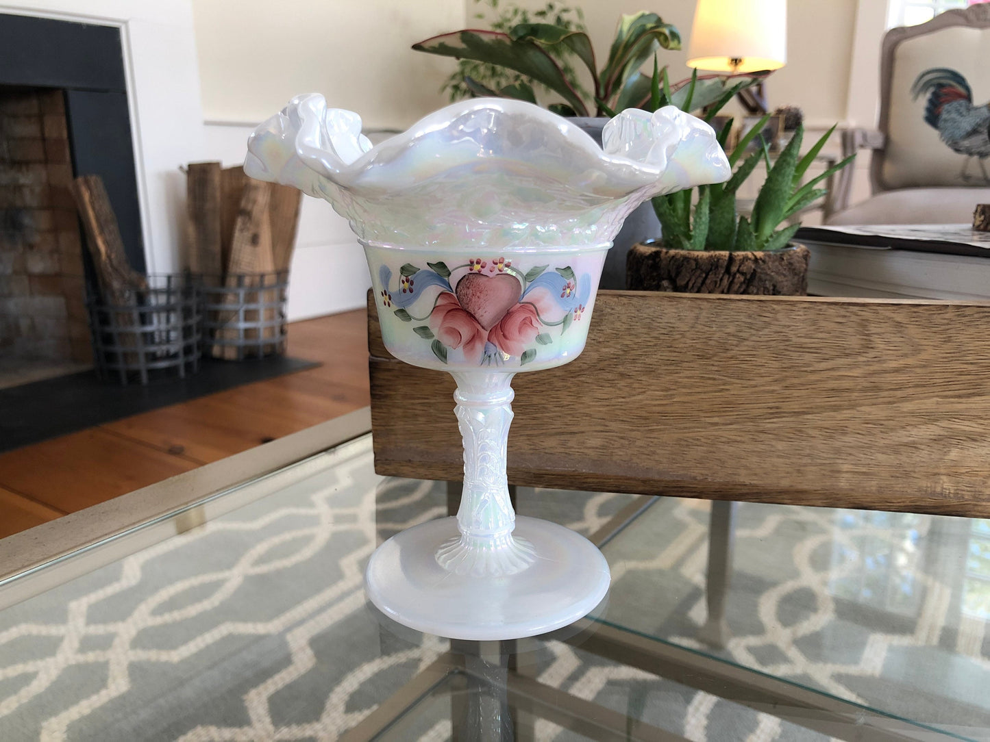 Vintage Fenton Hand Painted Ruffled Pedestal Dish