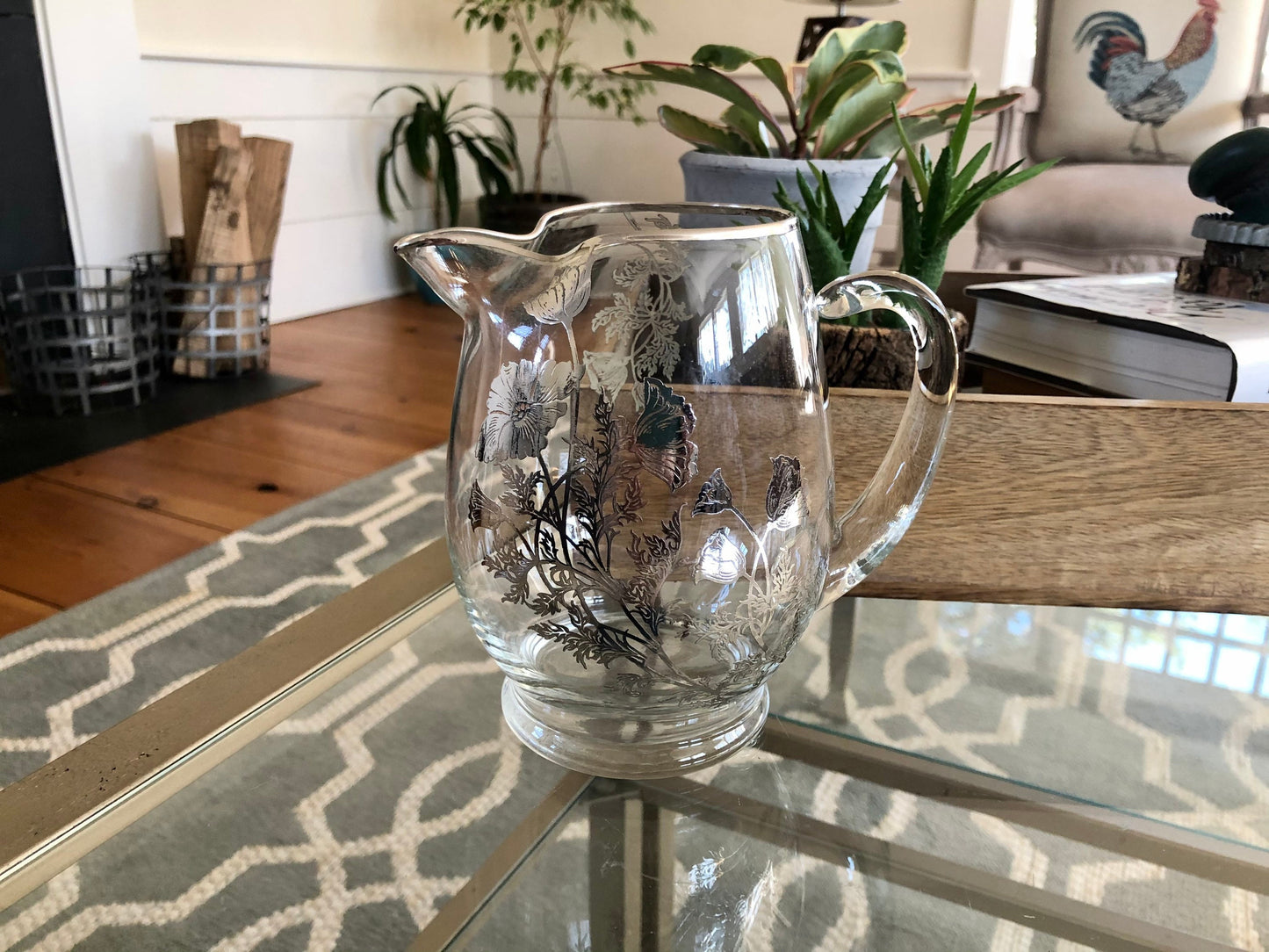 Vintage Pitcher with Silver Flower Applique, Silver Rimmed Pitcher, Drinkware, Barware