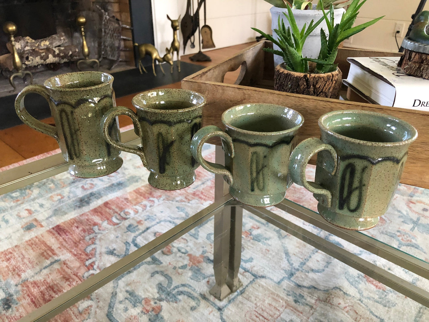 Vintage Set of Four Green & Brown Speckled Handmade Pottery Mugs Coffee/Tea Mugs, Studio Art Pottery Coffee Mugs, Art Pottery