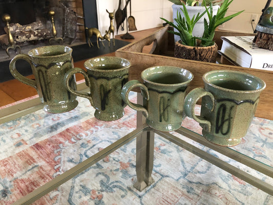 Vintage Set of Four Green & Brown Speckled Handmade Pottery Mugs Coffee/Tea Mugs, Studio Art Pottery Coffee Mugs, Art Pottery