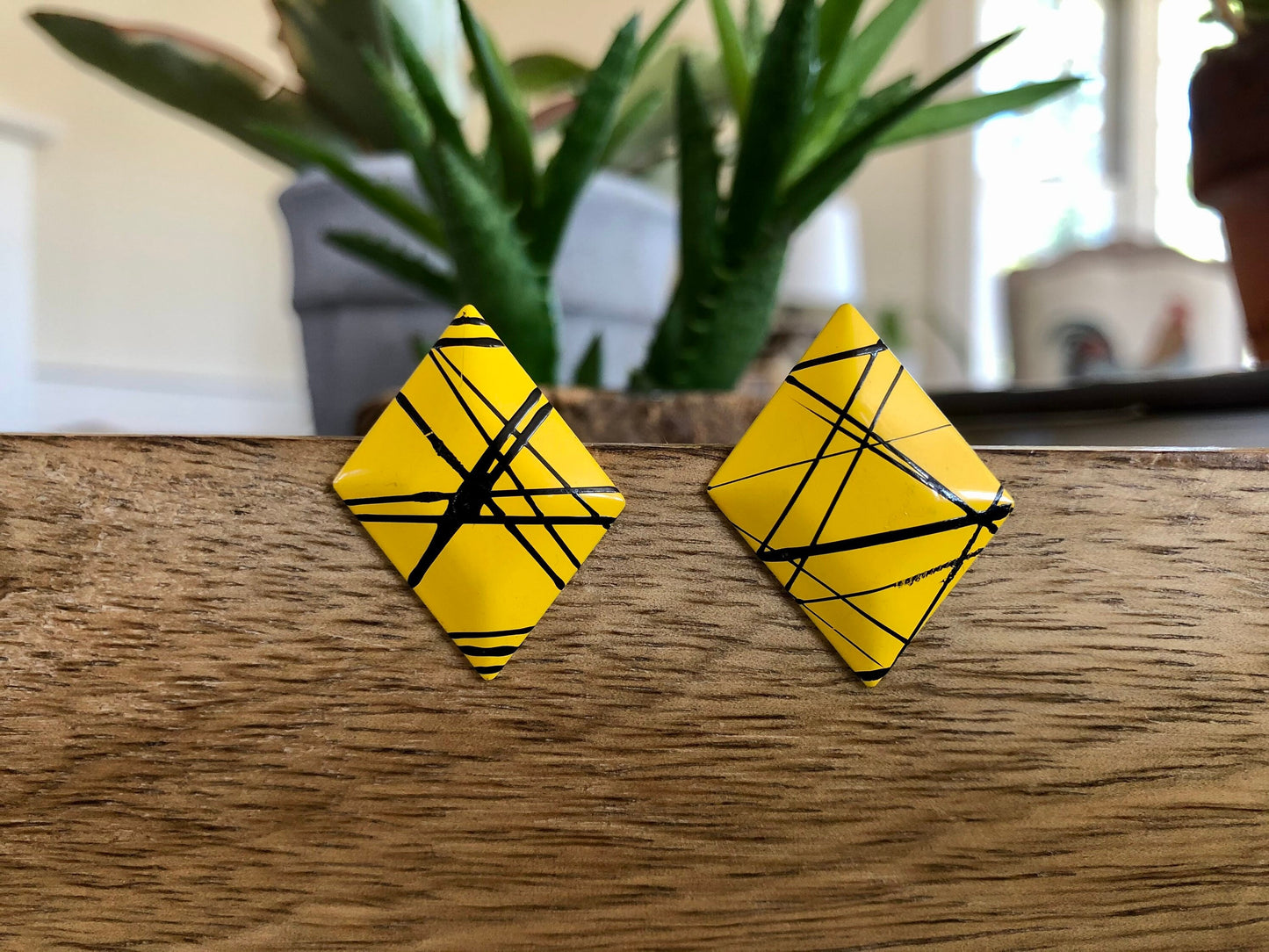 Vintage Bright Yellow with Black Detail Metal Post Earrings, 80s, 90s