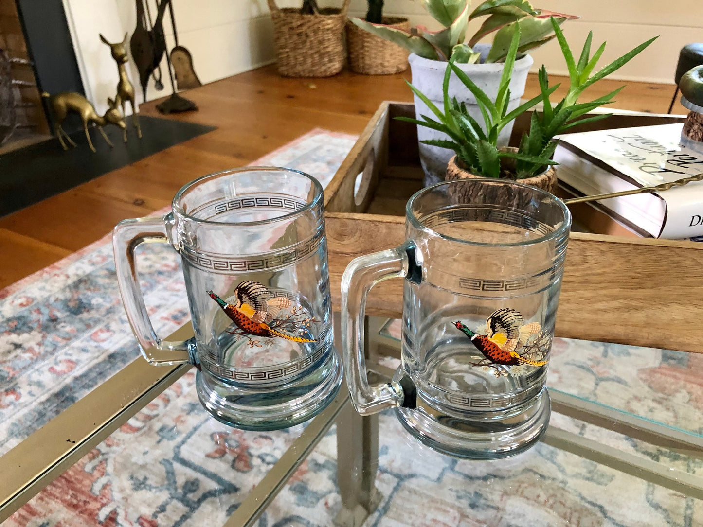 Princess House Glass Pheasant Geese Beer Steins / Retro Glass with Silver Band / Vintage Bar Ware / Beer Cup NIB Hunter Gift