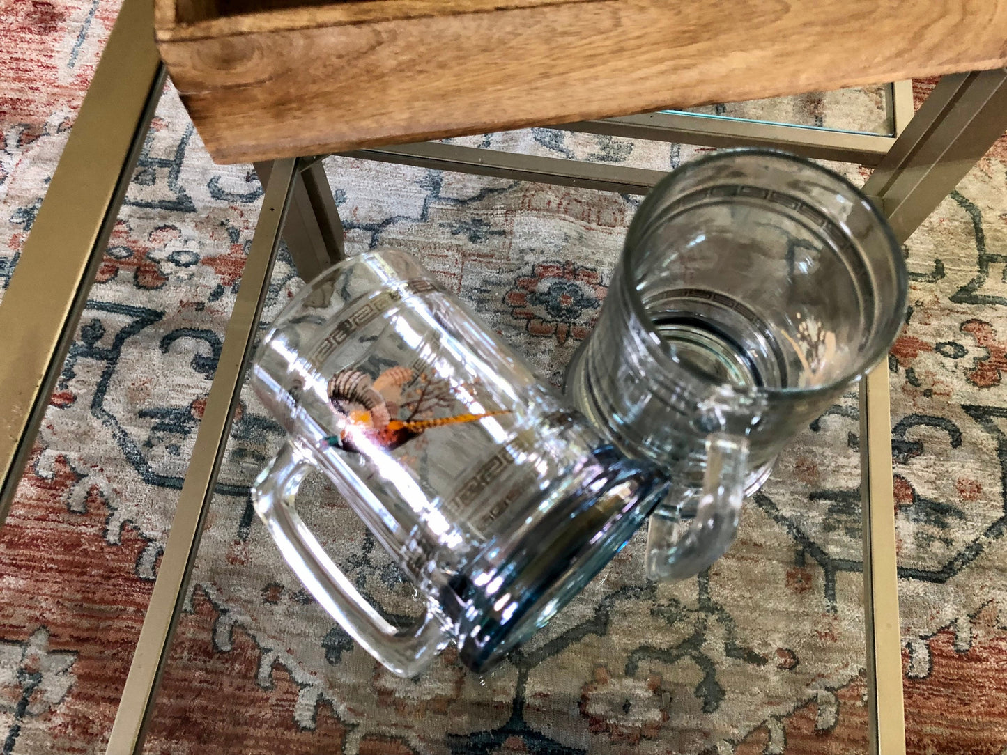 Princess House Glass Pheasant Geese Beer Steins / Retro Glass with Silver Band / Vintage Bar Ware / Beer Cup NIB Hunter Gift