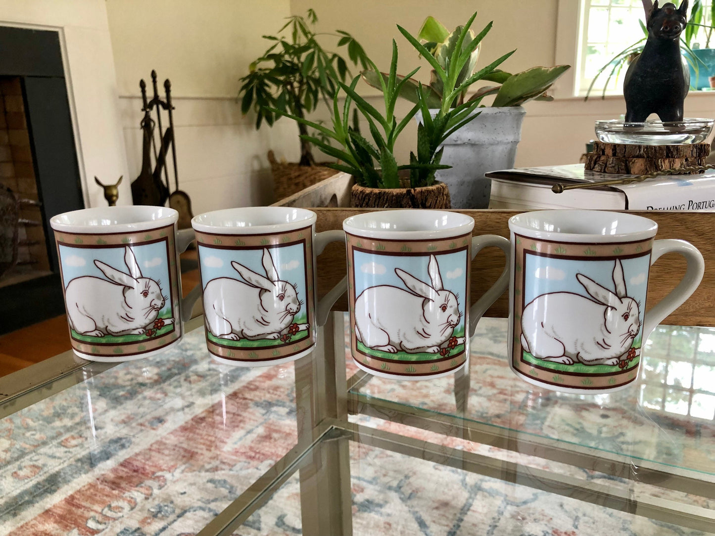 Vintage Stoneware Bunny  & Farmhouse Coffee/Tea Mugs- Set of 4, White Rabbit, Easter, Spring, Made in Japan