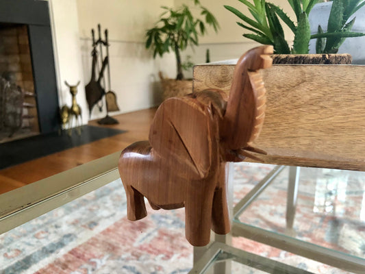 Vintage Hand-Carved Wooden African Elephant Statue with Tusks, Boho Wooden Animal Decor, Wood Figurine