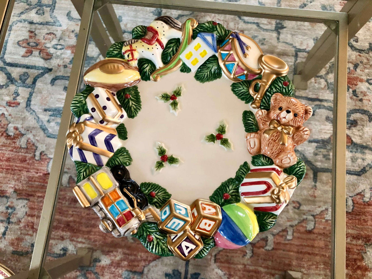 Christmas Fitz and Floyd Toyland Canapé Plate with Embossed Toy and Holly Border, Serving Dish Plate set of 2