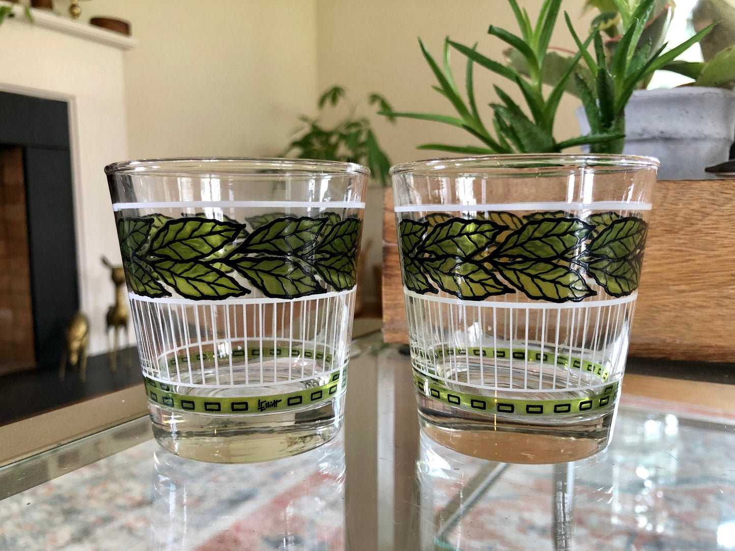 Pair of Green Leaf, White and Black Detailing Cocktail Glasses, Juice Glasses, Mid Century Barware