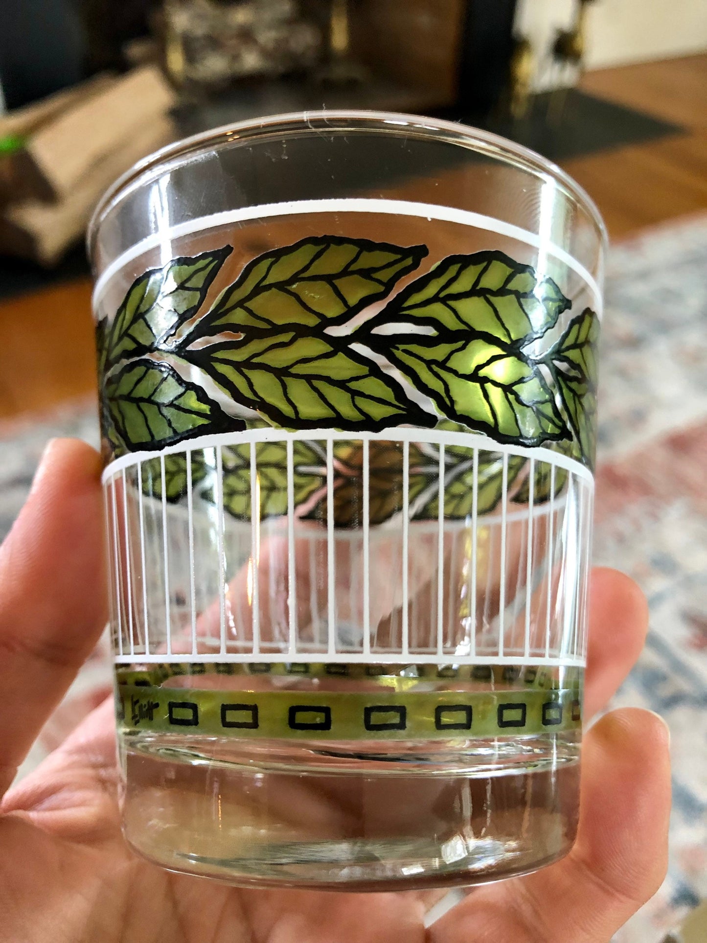 Vtg Pair of Green Leaf, White and Black Detailing Cocktail Glasses, Juice Glasses, Mid Century Barware