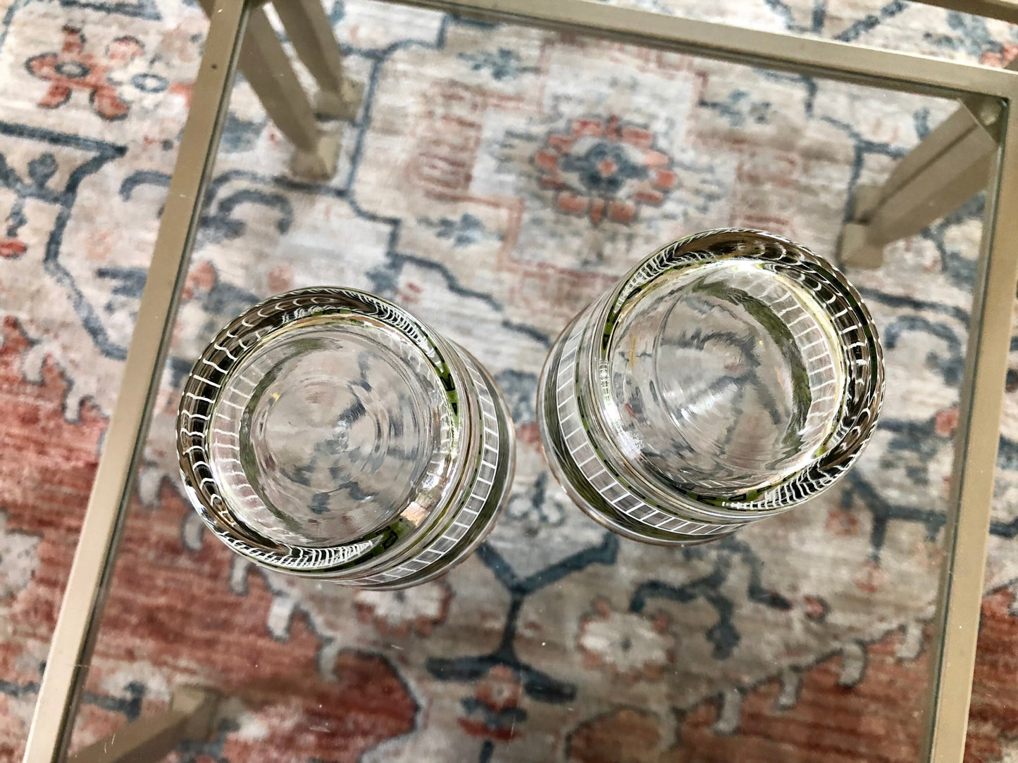 Vtg Pair of Green Leaf, White and Black Detailing Cocktail Glasses, Juice Glasses, Mid Century Barware