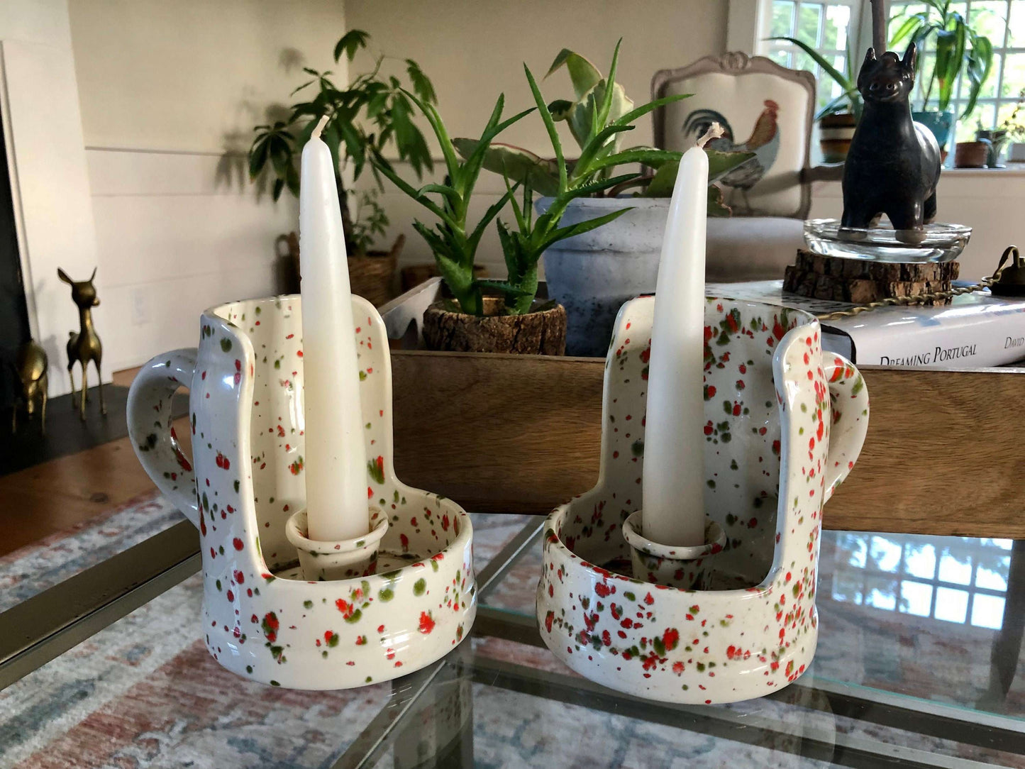 Vintage Ceramic Walking Candle Holders – Red & Green Splatter, Pair