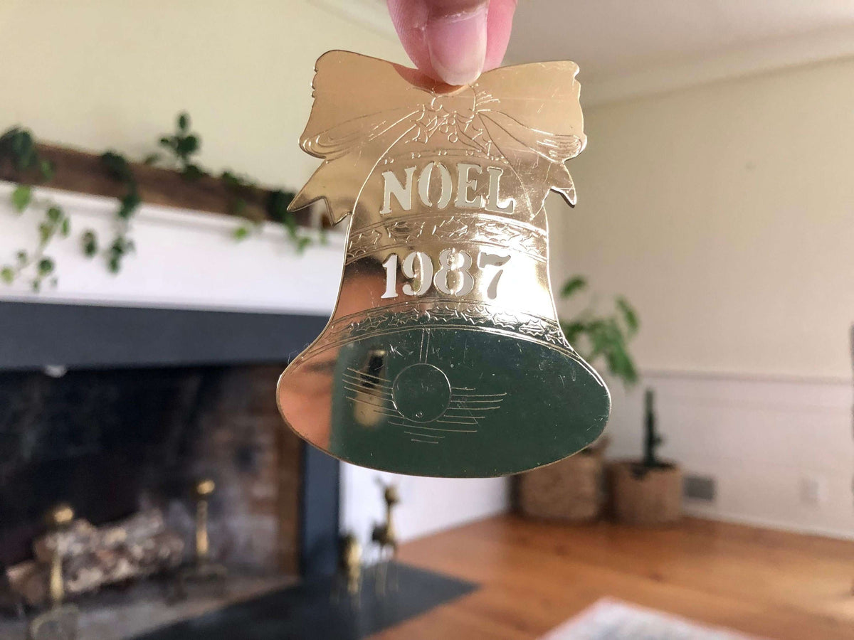 Cut Brass Christmas Ornament – Noel 1987 Bell with Bow, Made in USA