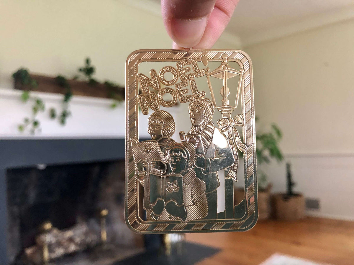 Cut Brass Christmas Ornament – NOEL Carolers Scene, Made in USA
