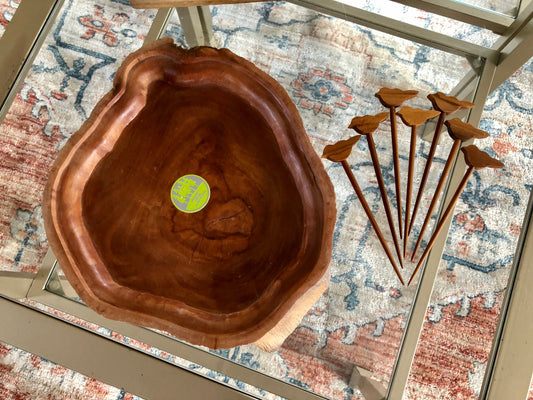 Planation Wood Serving Dish with Matching Bird Appetizer Skewers, Servingware, Serving Tray