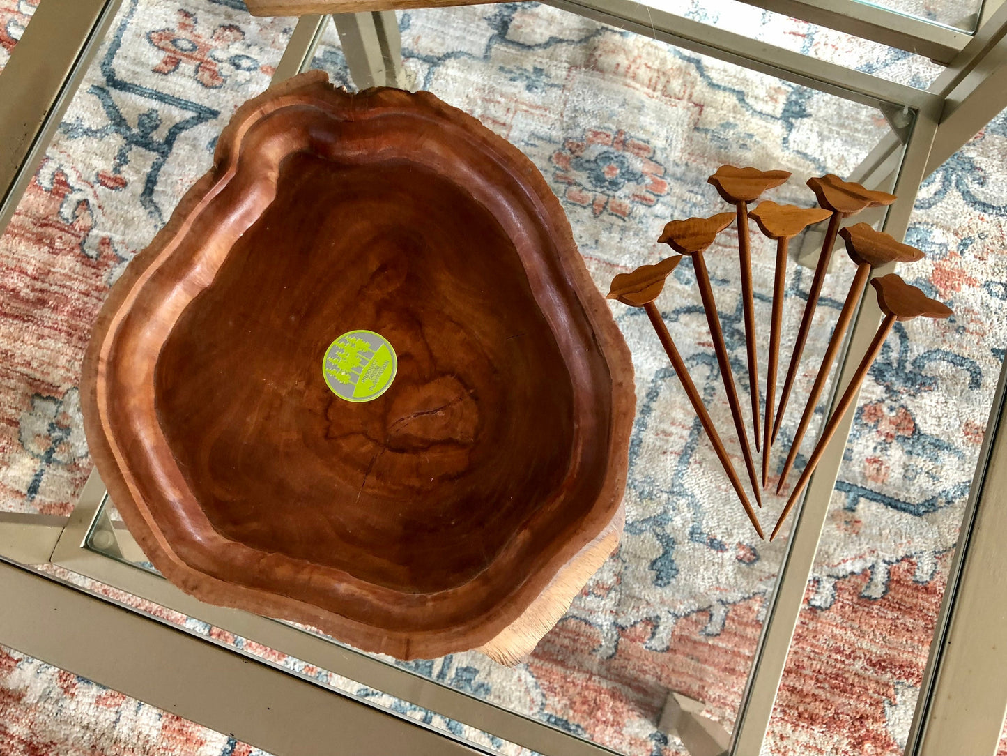 Vtg Planation Wood Serving Dish with Matching Bird Appetizer Skewers, Servingware, Serving Tray