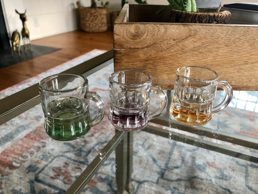 Vintage Set of 3 Small Colorful Shot Glasses, Cordial Glasses, Tiny Stein Glass / Green, Purple, Yellow