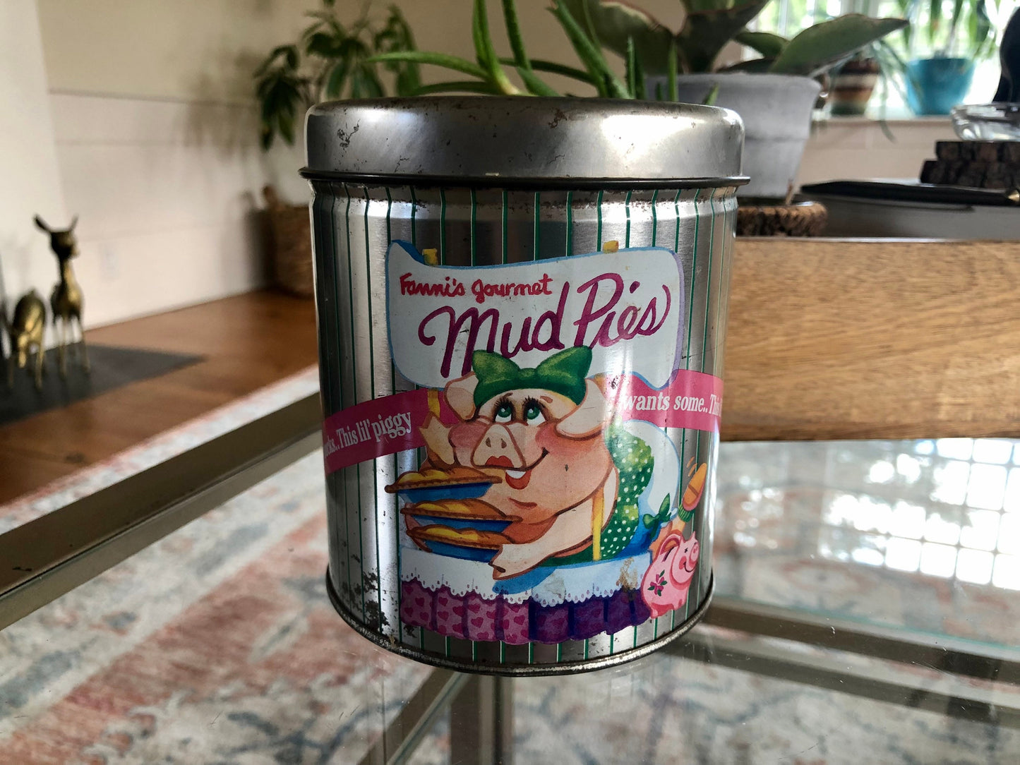 Vintage Fanni's Gourmet Mud Pies Coin Bank Tin Can, Round Metal Piggy Bank, 'This Lil' Piggy', Lil' Piggy Bank
