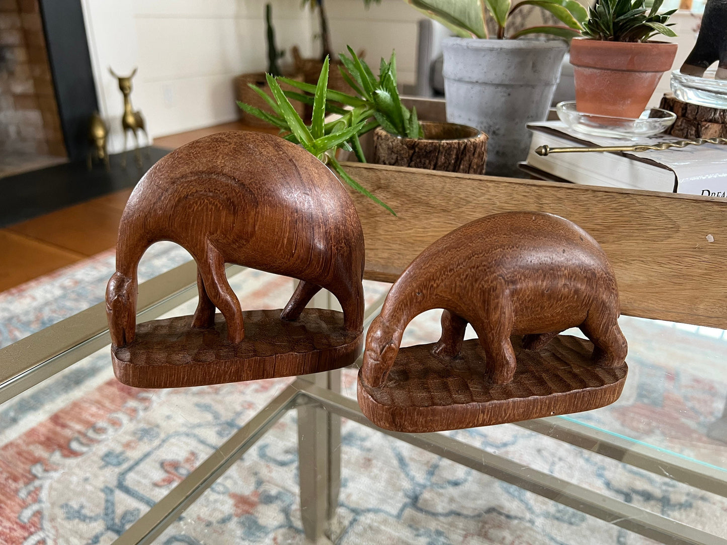 Pair of Vintage Hand Carved Drinking Antelope, Mid-Century Modern Solid Piece of Carved Wood, Animal Art, Wooden Figurine, Abstract