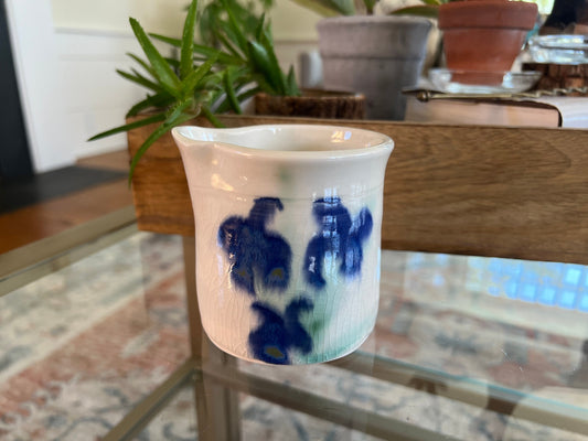 Vintage Handmade White with Blue Flower Creamer, No Handle Pitcher, Vintage Home Decor, Farmhouse style, French Country Vase