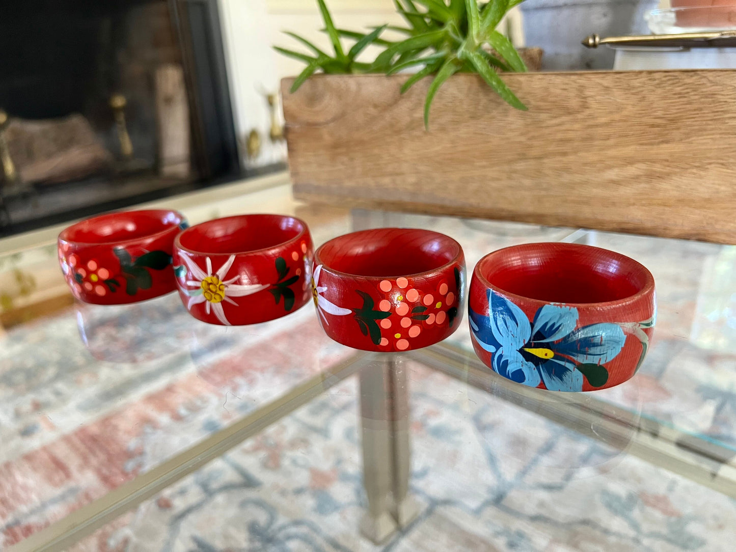 Vintage Wooden Hand -painted Flower Napkin Rings | Red with Pink, White & Blue Flower Napkin Holders | Set of 4