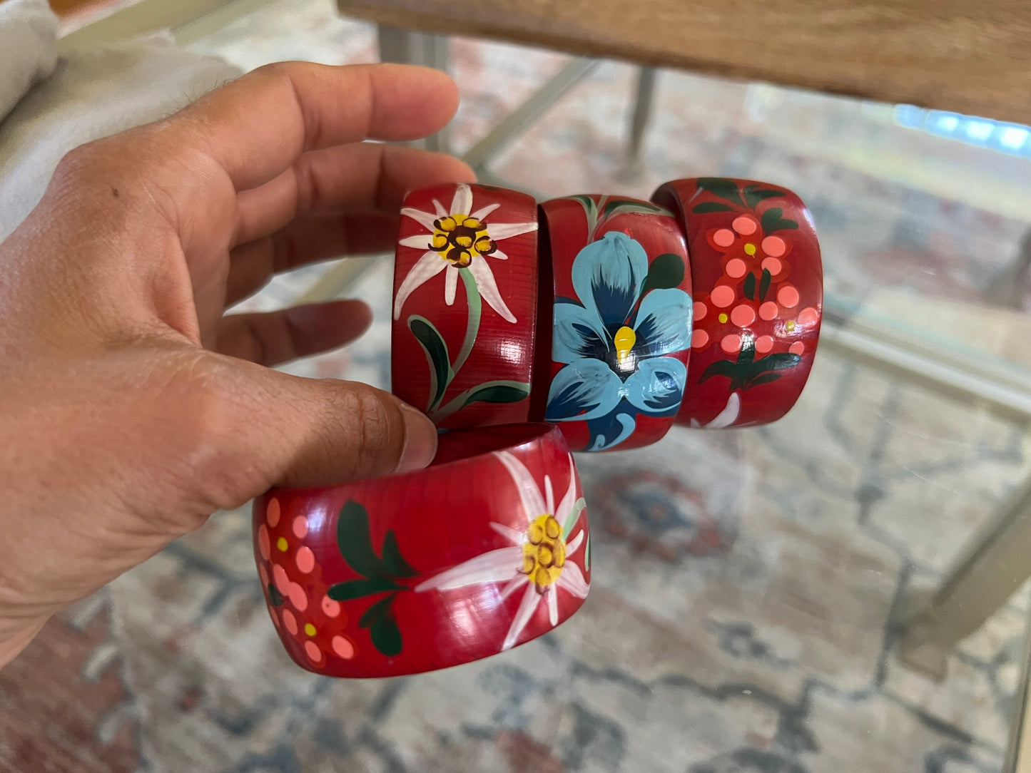 Vintage Wooden Hand -painted Flower Napkin Rings | Red with Pink, White & Blue Flower Napkin Holders | Set of 4