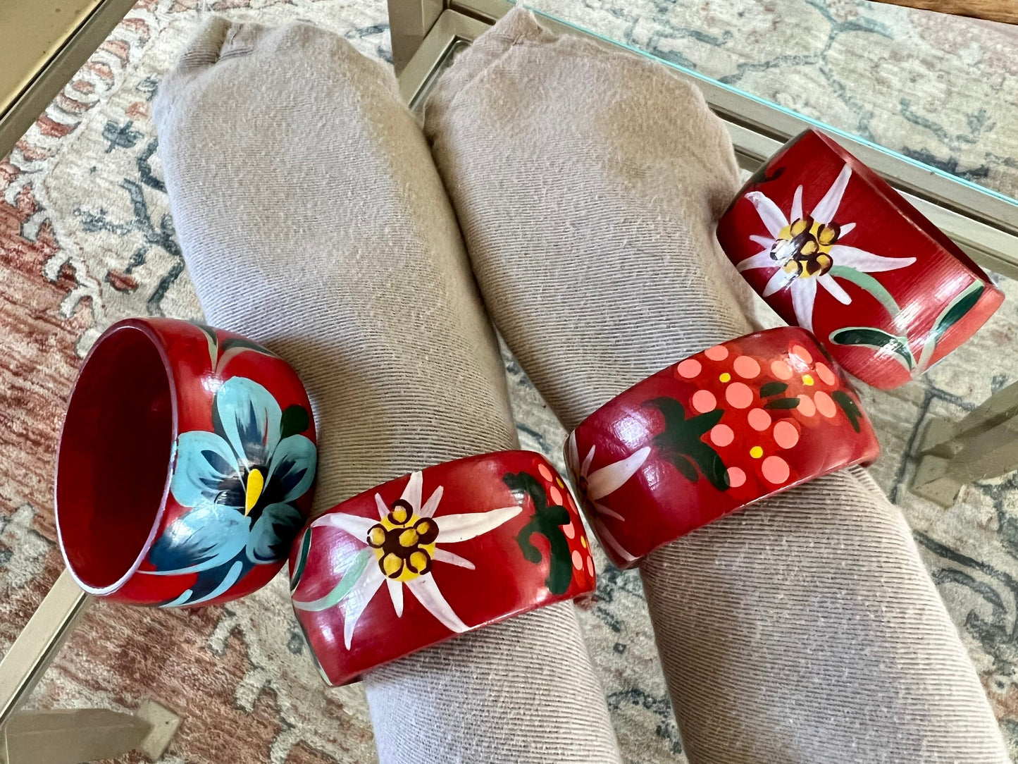 Vintage Wooden Hand -painted Flower Napkin Rings | Red with Pink, White & Blue Flower Napkin Holders | Set of 4