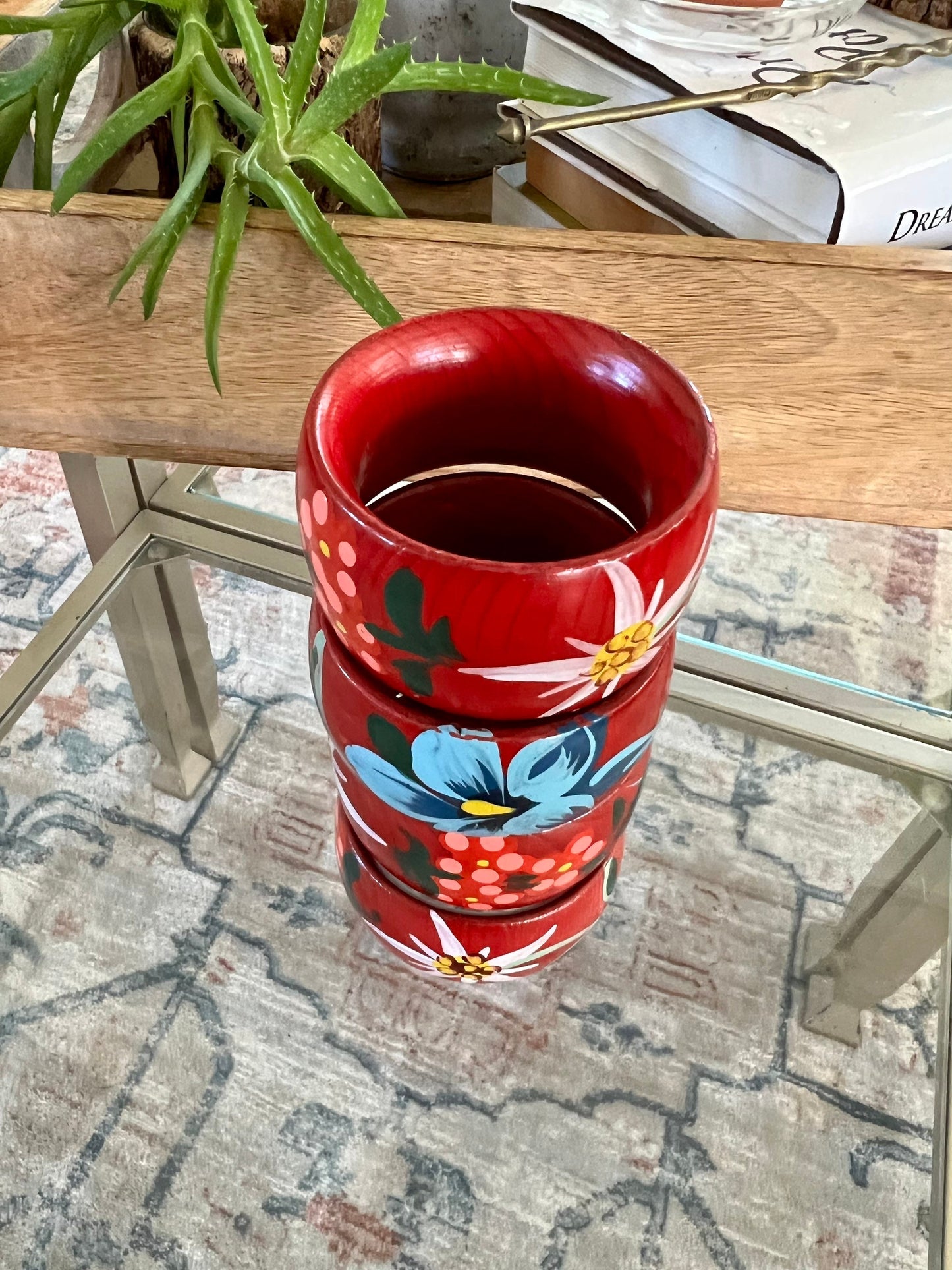 Vintage Wooden Hand -painted Flower Napkin Rings | Red with Pink, White & Blue Flower Napkin Holders | Set of 4
