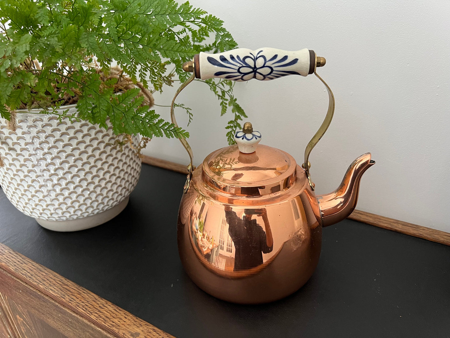 Vintage Copper Tea Kettle, Portugal Copper Teapot with Ceramic Details, Country Cottage Tea Kettle, Kitchen Coffee Pot