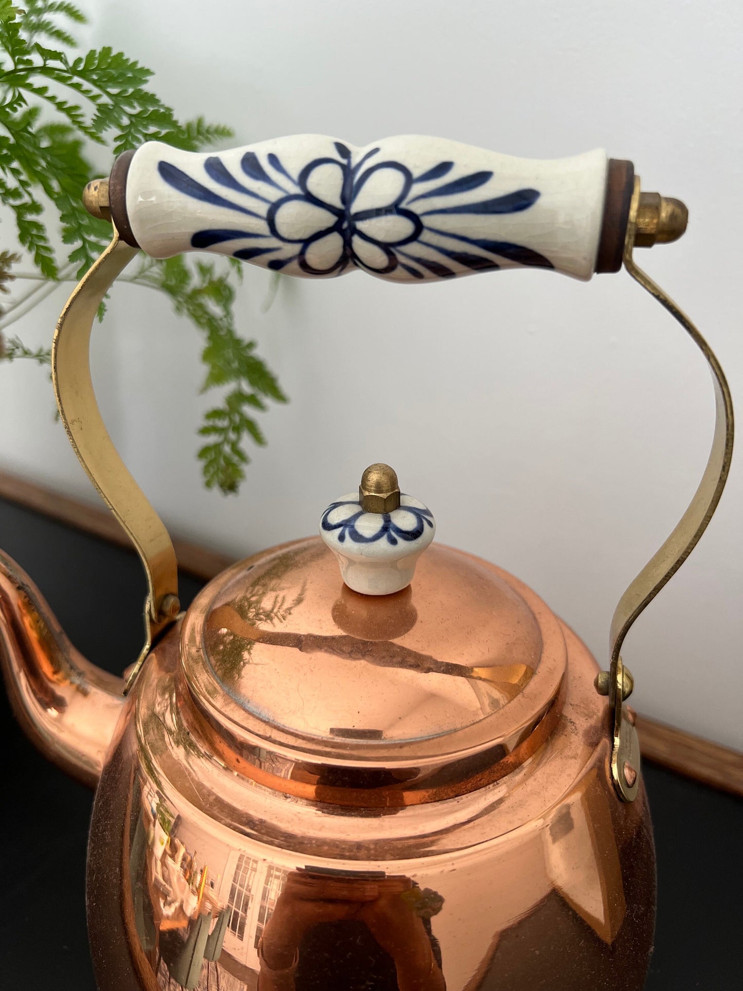 Vintage Copper Tea Kettle, Portugal Copper Teapot with Ceramic Details, Country Cottage Tea Kettle, Kitchen Coffee Pot