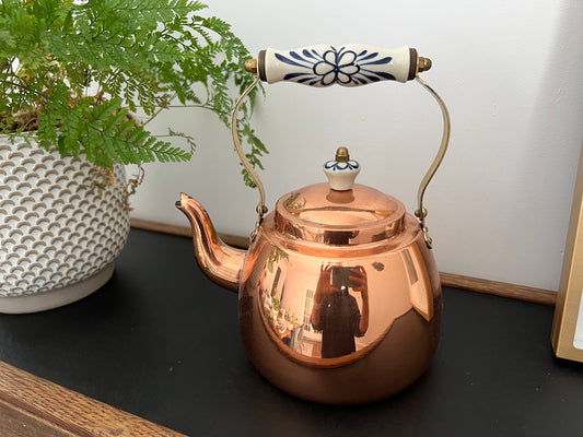 Vintage Copper Tea Kettle, Portugal Copper Teapot with Ceramic Details, Country Cottage Tea Kettle, Kitchen Coffee Pot