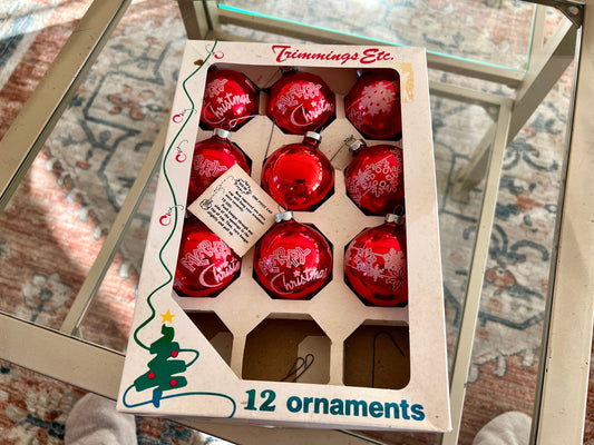 Trimmings Glass Christmas Ornaments, Set of 9, Red with White 'Merry Christmas' or snow flake detailing, Ball Ornaments, Holiday