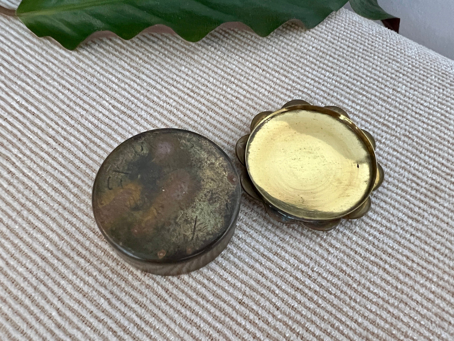 Vintage Brass and Mother of Pearl Jewelry Box, Pill Box, Ring Box, Floral Shape