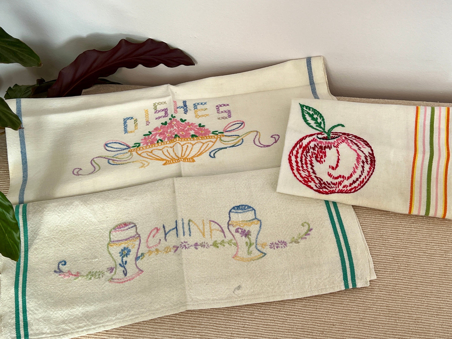 Vintage Petit Point Linen Hand-Embroidered Kitchen Towels, Embroidery Dish Towels, Table Linens, Apple, Basket Stitch