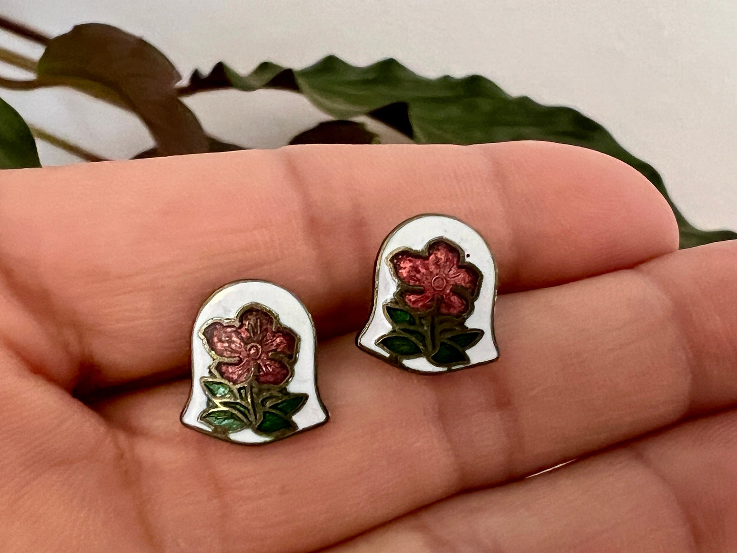 Vintage Bell-Shaped Floral Enamel Stud Earrings