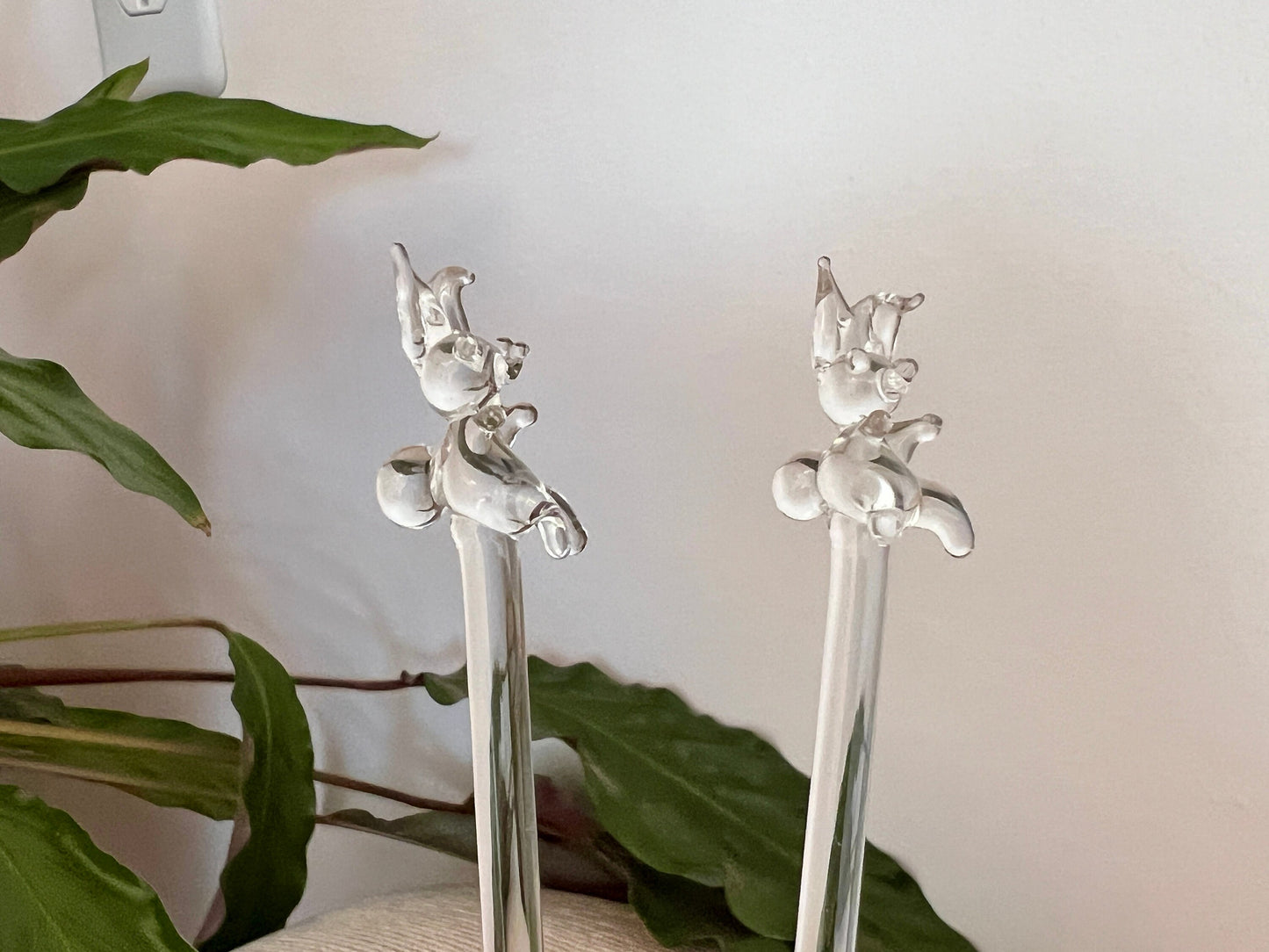 Pair of Vintage Hand Blown Animal, Bunny, Swizzle Sticks, Glass Drink Stirrers, Rabbit Beverage Mixers