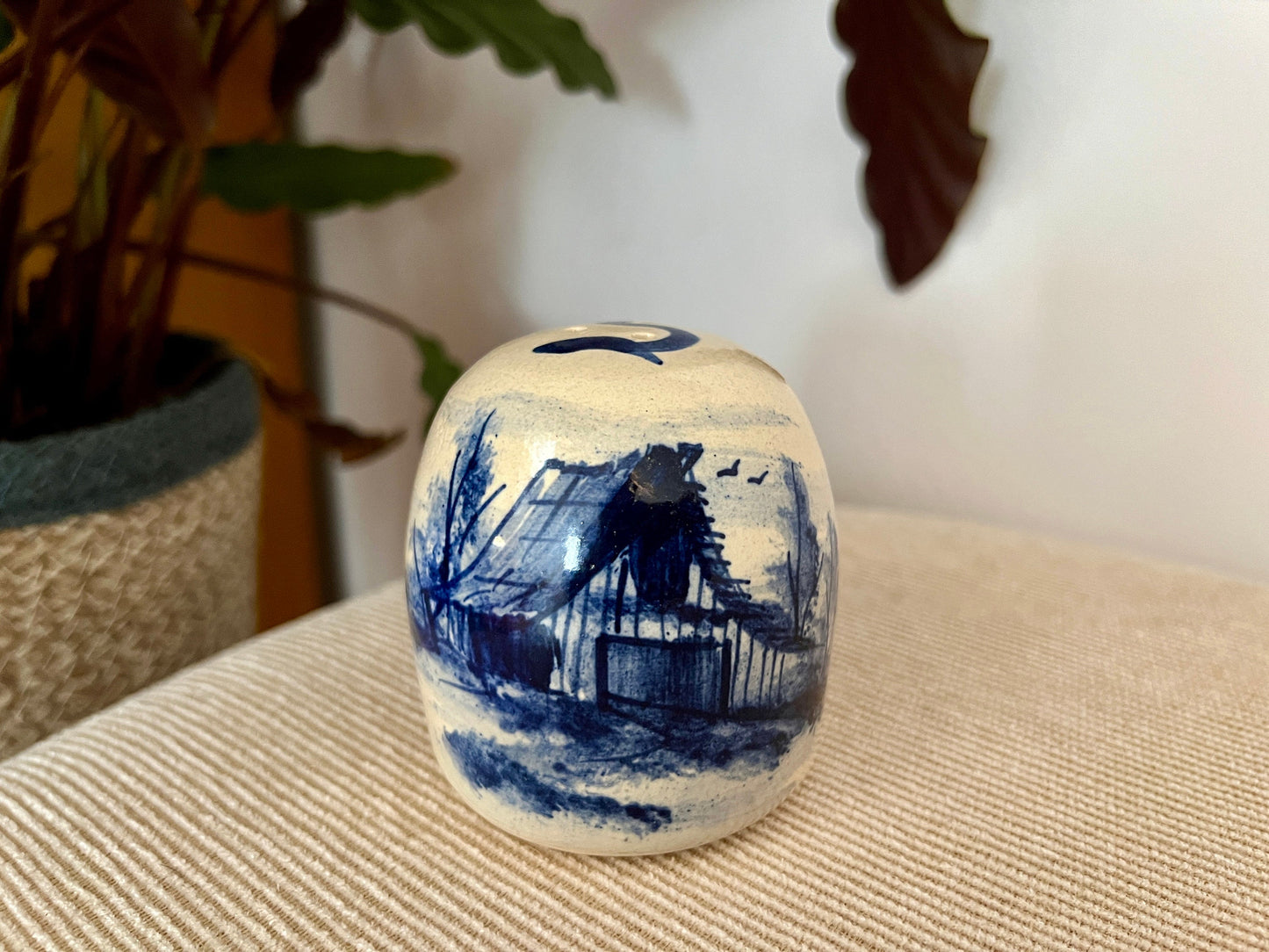 P. Storie Pottery Salt Shaker Hand Painted, Blue Barn Farm Scene, Ironstone Pottery