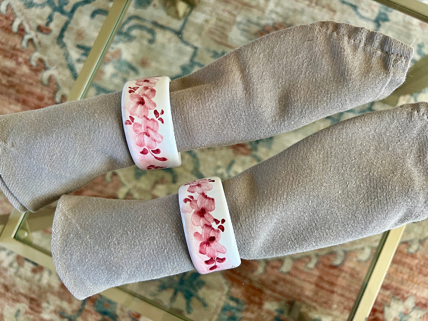 Pair of Ceramiche D'arte Gandria Napkin Rings, Pink Floral Napkin Holders, Hand Painted Ceramic Napkin Rings
