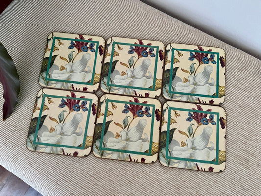 6 Pimpernel Williamsburg Magnolia Prints Cork Coasters / Made in England