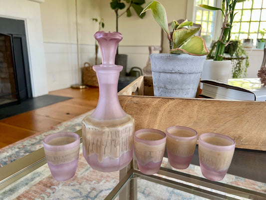 Vintage France Glass Decanter Set, Pink Purple Frosted Sake Pitcher with Top, Shot Glasses, Liquor Bottle Mid Century, Bar Accessories