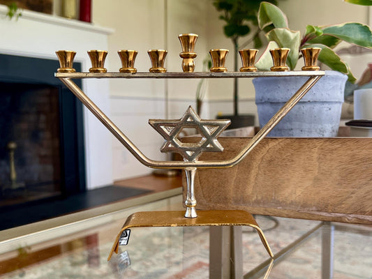 Mid Century kar shi Judaica Brass Menorah, Silver and Gold Plated, Footed Jewish Candle Holder, Jerusalem