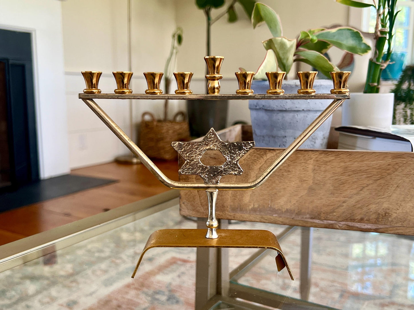 Vtg Mid Century kar shi Judaica Brass Menorah, Silver and Gold Plated, Footed Jewish Candle Holder, Jerusalem