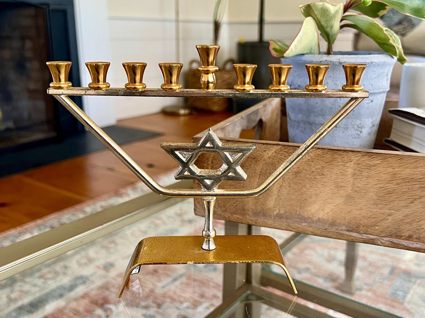 Vtg Mid Century kar shi Judaica Brass Menorah, Silver and Gold Plated, Footed Jewish Candle Holder, Jerusalem
